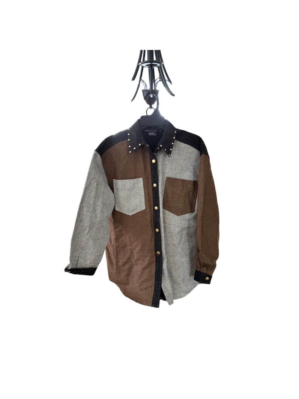 Women's I.B. Diffusion Button Down Shirt M Brown Gray Black Studded